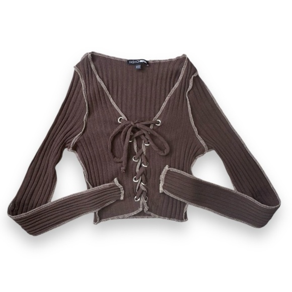 BROWN CONTRAST STITCHED LEGGING SET W/ CROPPED LACE UP FRONT · SIZE S · NWT - Picture 4 of 7